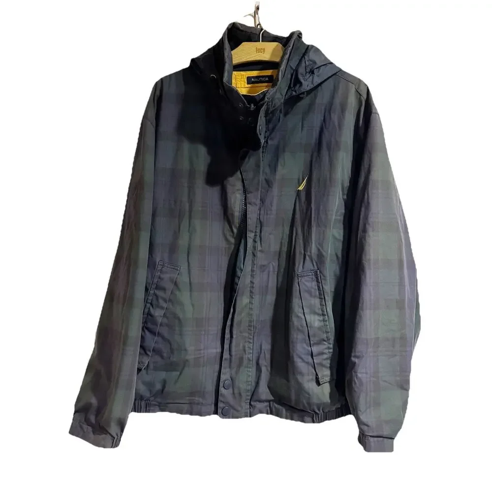 Nautica Men XL Green Blue Plaid Solid Yellow Reversible Jacket 90s Y2K‎